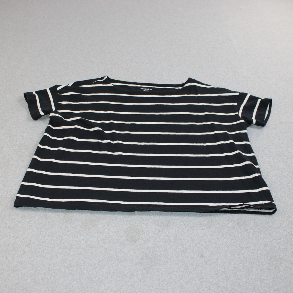 Eileen Fisher Shirt Women XS Black Stripe Boat Neck Boxy Oversize Organic Cotton